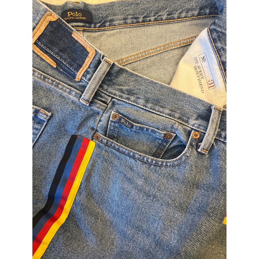 Polo Ralph Lauren Avery Boyfriend Jeans 31 Medium Wash Side Stripe Raw Hem Denim